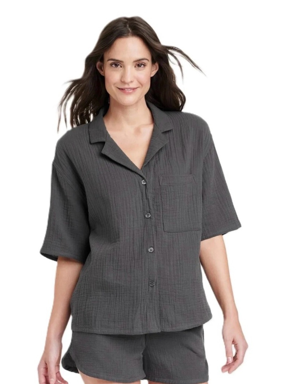 STARS ABOVE Charcoal Gray Short Sleeve Notch Collar Pajama Top sz Small